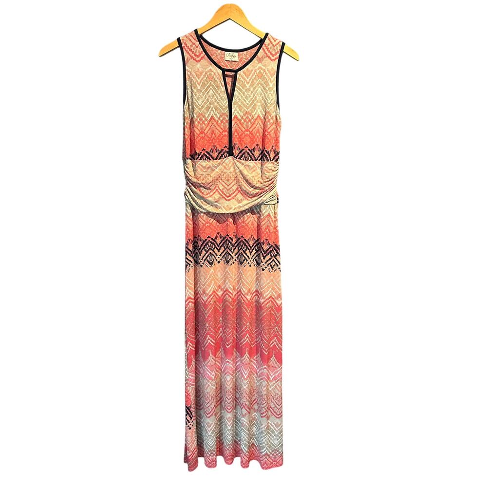 Boho Maxi Dress Size Large Pink Peach Navy Print Keyhole neckline Knit Comfy